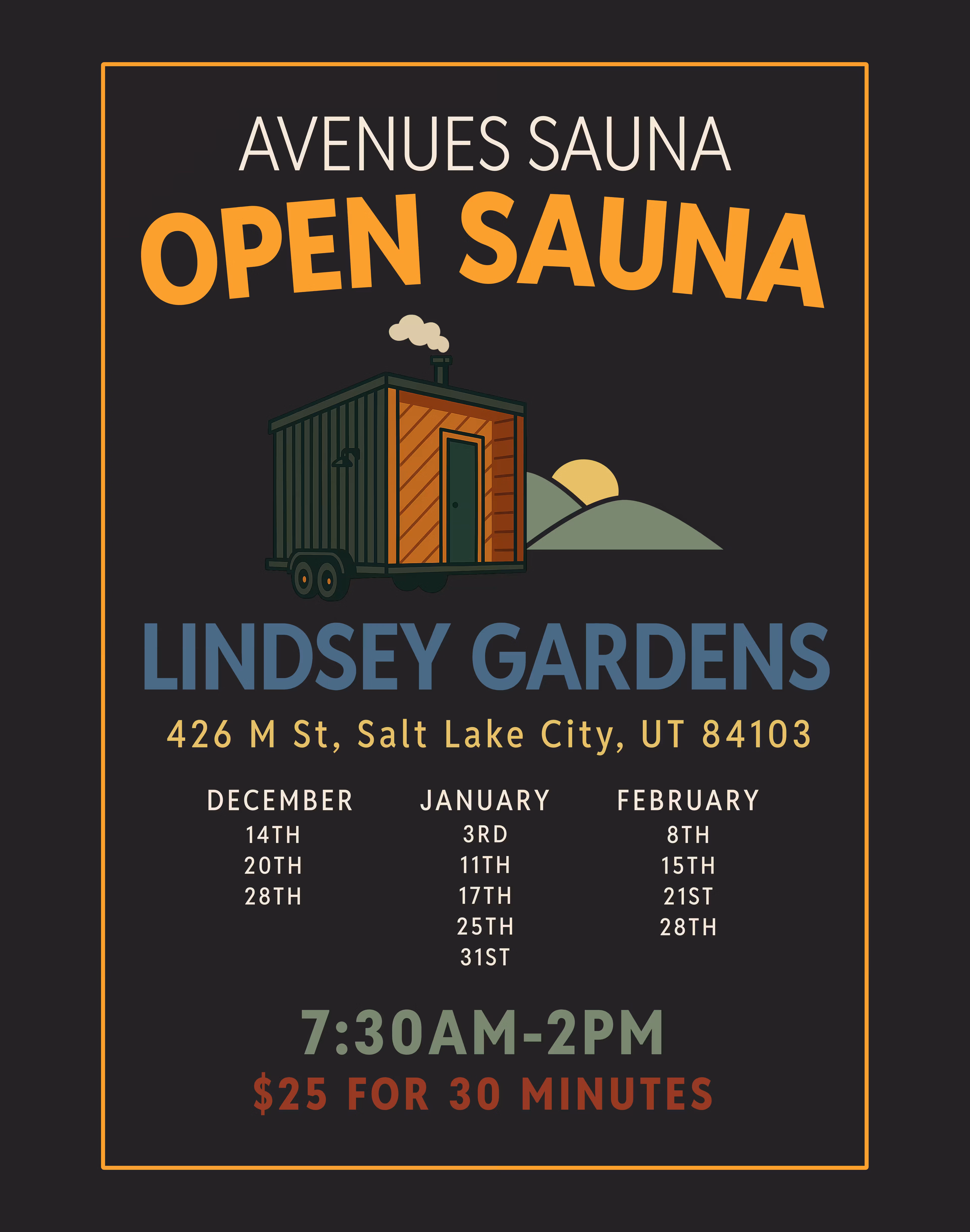 Avenues Sauna open sauna flyer for Lindsey Gardens